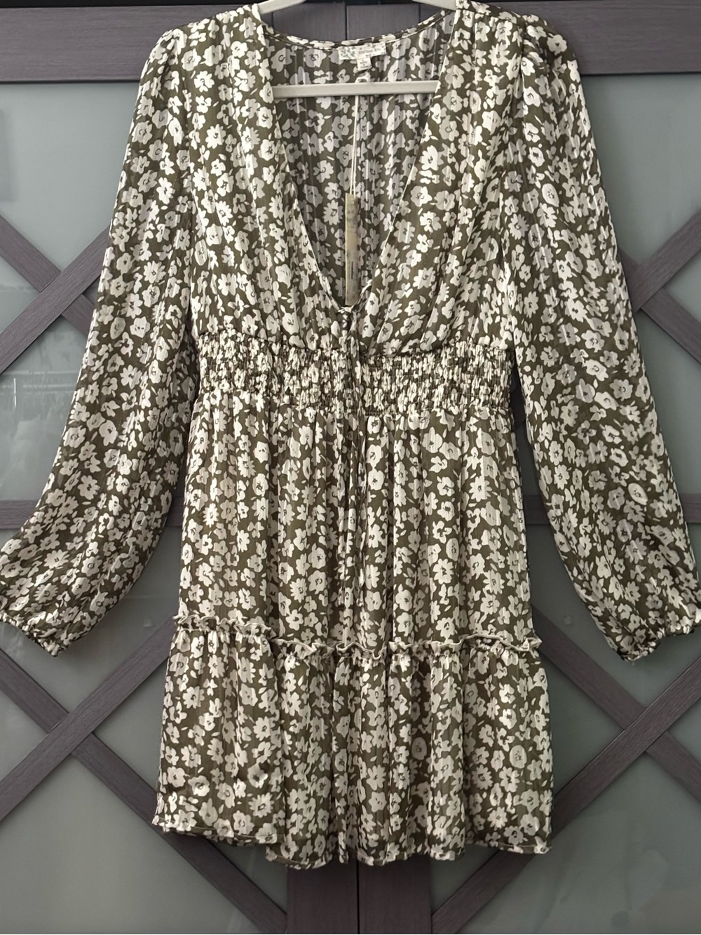 NEW Endless Blu Smocked Waist Floral Mini Dress in Olive and Cream